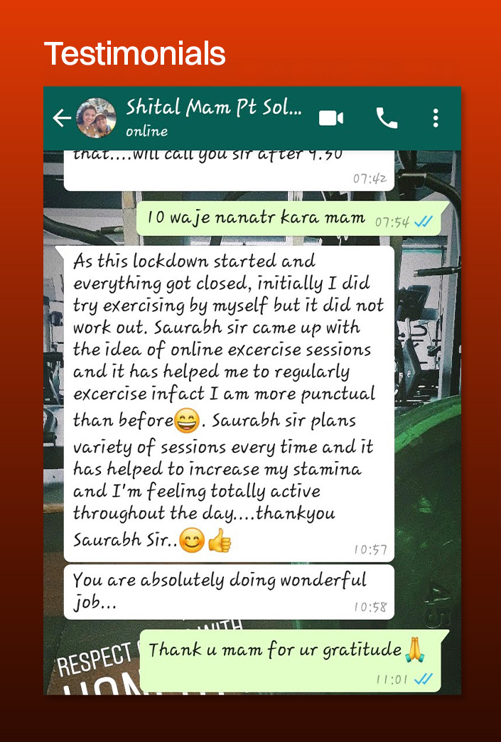 WhatsApp testimonial from a MetricFit client praising the online coaching sessions