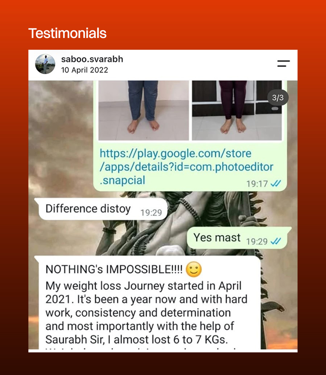 Client testimonial about her weight loss journey with Saurabh Sir